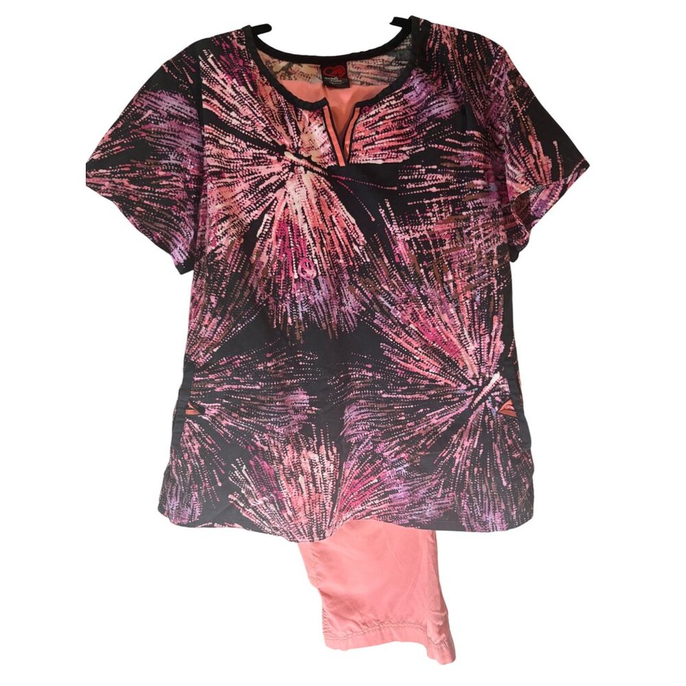 Fireworks Womens Pink/Black/Peach Scrub Set